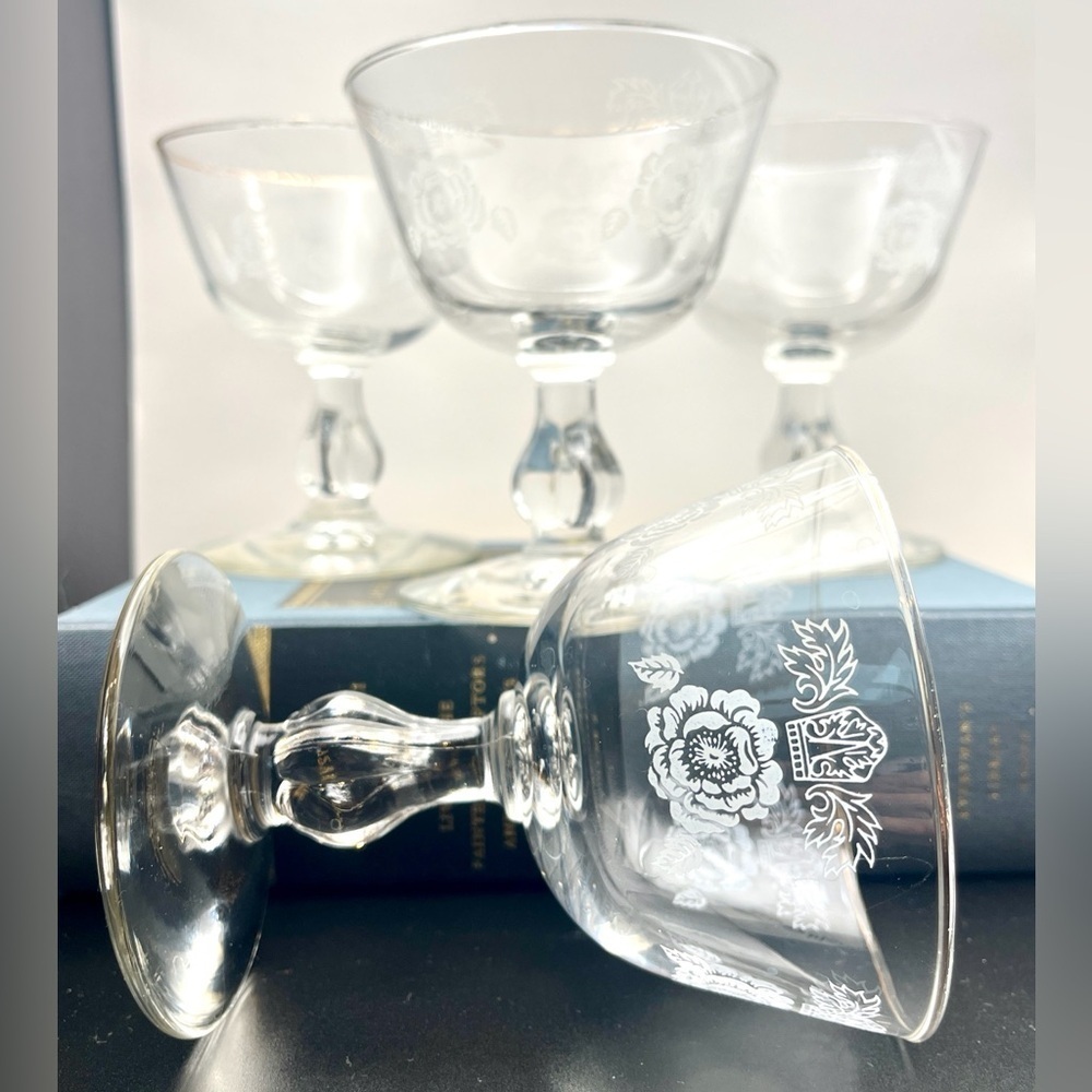 Homer Laughlin 1950’s Queen Esther Rose Floral Etched Sherbert Glasses Set of 4